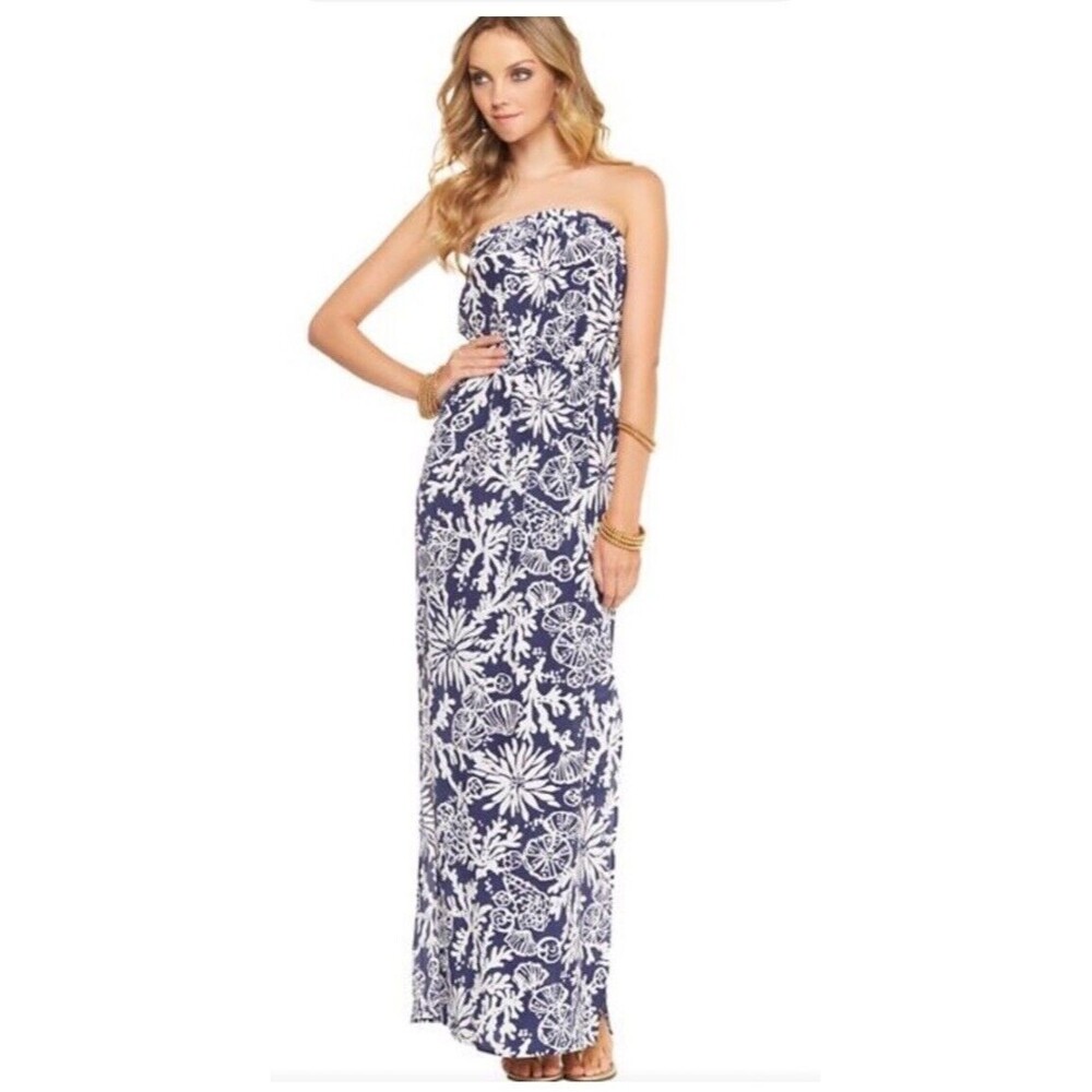 Lilly Pulitzer Emmett Maxi Dress Women’s Sz XS Navy Blue White Sea Shells Coral